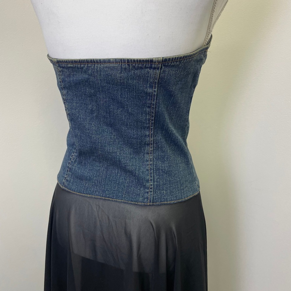 Sole Mio Y2K Denim Corset Top M Lace Up Asymmetrical Sheer Chiffon Whimsigoth - Picture 4 of 14
